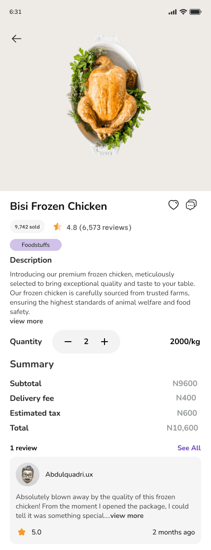 Food product details mobile app preview