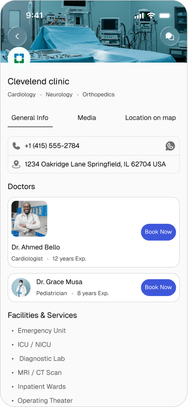 Curaone hospital details mobile interface